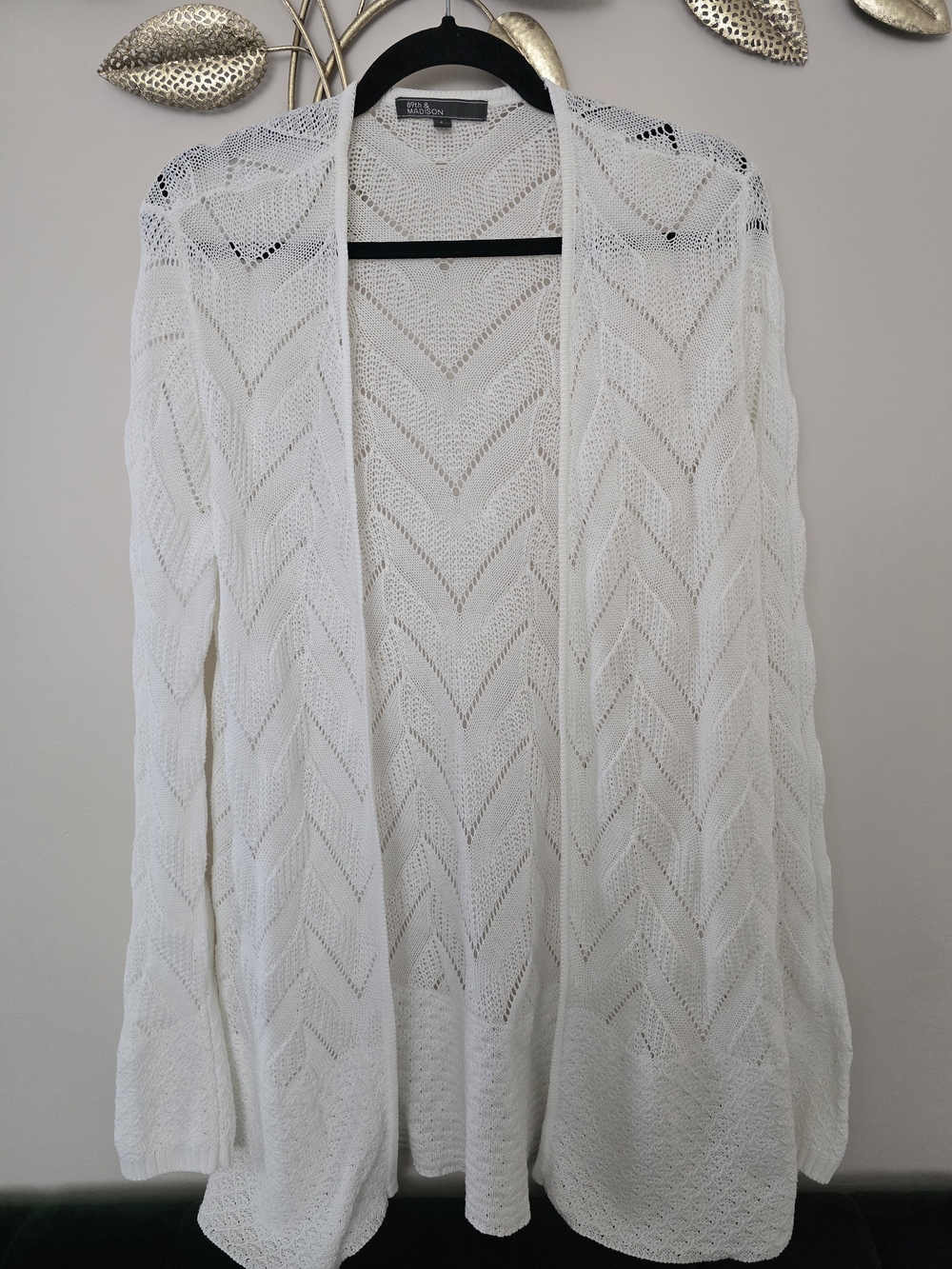 89th & Madison Cream Open-Front Chevron Knit Cardigan Size L